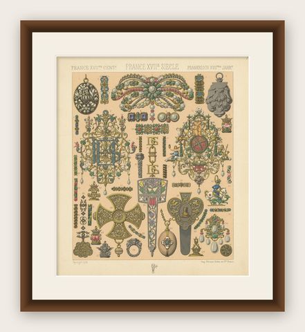 Pl 98 Antique Print of French Decorative Objects by Racinet, 'circa 1880', shown framed