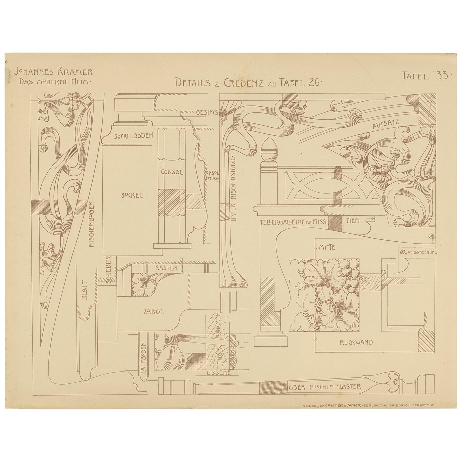 Pl. 33 Antique Print of Furniture Details by Kramer, circa 1910