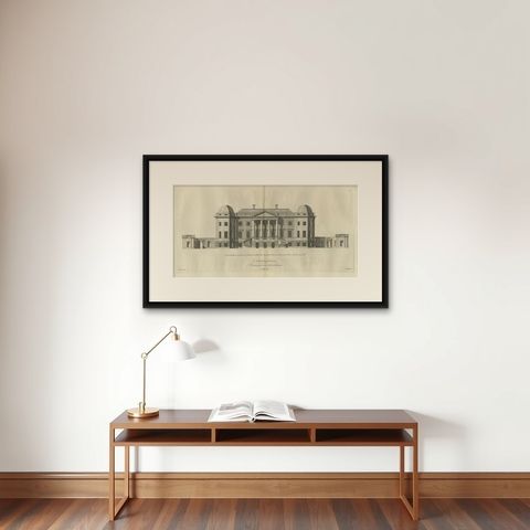 Old Engraving of Foremarke Hall, a Manor House in Derbyshire, England, ca.1770, shown framed on a wall, true to size