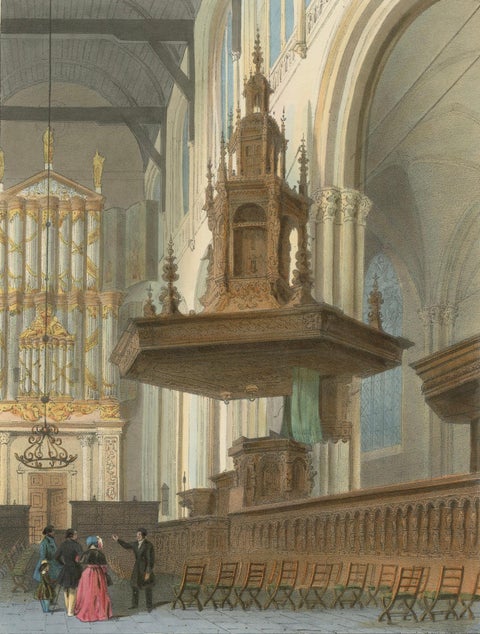 Antique View of Nieuwe Kerk Interior, Amsterdam, Hand-Colored Lithograph, c.1850, close-up 5