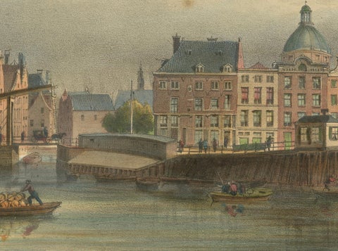 Antique View of Amsterdam’s Haringpakkerij and Nieuwe Stadsherberg Bridge, c1850, close-up 2