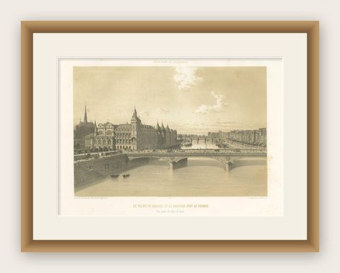 Antique Print of the Pont au Change and Palace of Justice by Benoist, 1861, shown framed