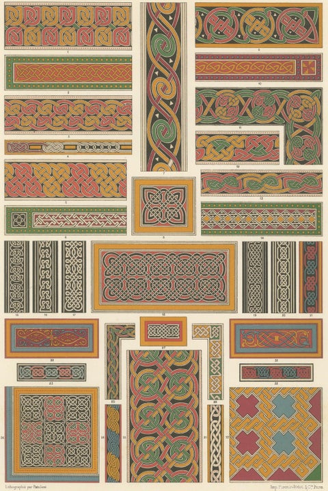 Celtic Knotwork and Borders, Antique Print of Interlacing Patterns, c.1869, close-up 3