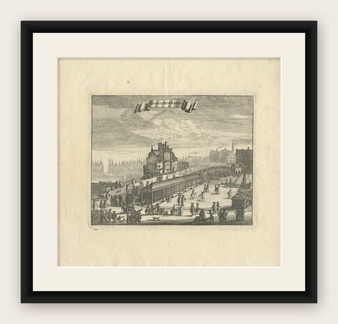 Antique Print of a Bridge in Amsterdam by Commelin, 1693, shown framed