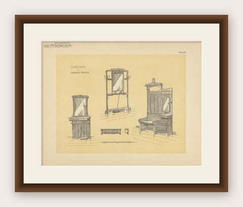 Antique Design Print of Entryway Furniture by Kramer, circa 1910, shown framed