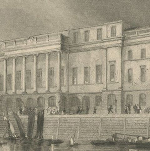 Antique Print of the Custom House of London, circa 1840, close-up 1