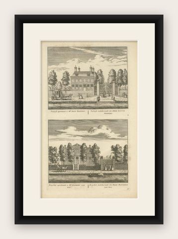 Antique Print of Mansion Postwijck and Bergvliet Manor in the Netherlands, 1730, shown framed