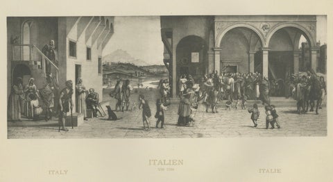 Italian Renaissance Street Scenes, Set of 2 Decorative Engravings, ca.1880, close-up 1