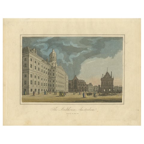 Antique View of the Amsterdam Town Hall, Hand-Colored Engraving c.1818