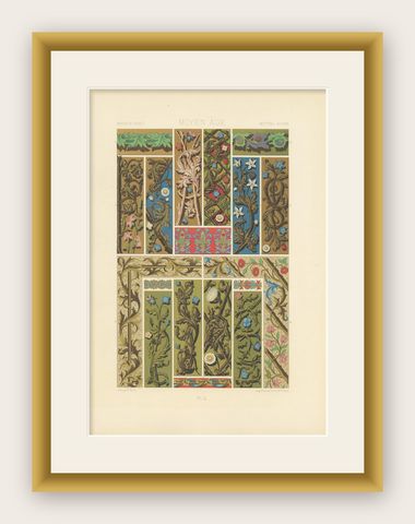 Pl. 50 Antique Print of Middle Ages Ornaments by Racinet, circa 1890, shown framed
