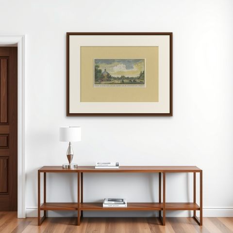 Antique Print of the 'Overton Estate' Near Haarlem by Van Noorde, 1763, shown framed on a wall, true to size