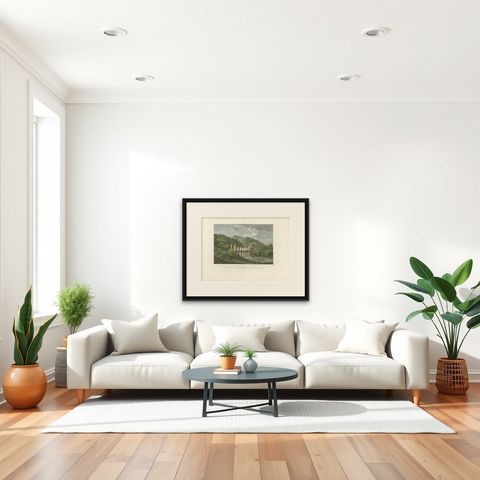 Antique Print of the Bridge of Lladenet, Six Leagues From Barcelona, Spain, shown framed in a room, true to size
