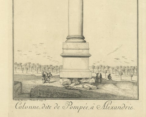 Pompey’s Column, Alexandria, Antique Egypt Engraving by Norden, 1755, close-up 4