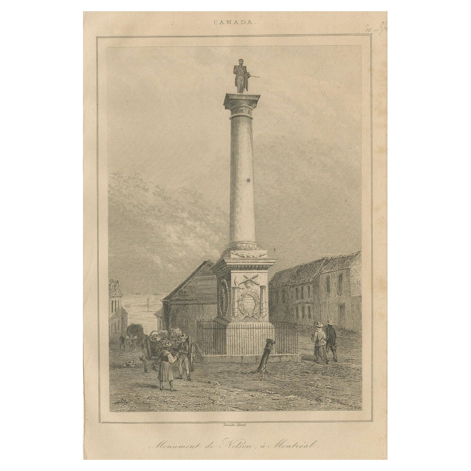 Antique Print of Nelson’s Monument in Montreal, 19th Century Canada Scene