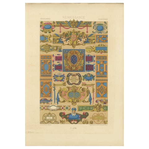 Renaissance Decorative Cartouches & Motifs, Antique Lithograph, ca.1869