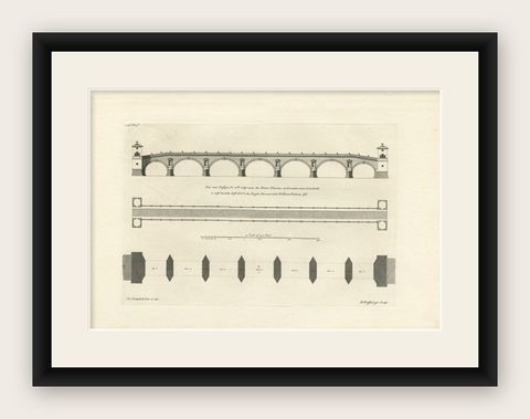 Antique Print of a Design for a Bridge across the Thames, London, England, 1725, shown framed