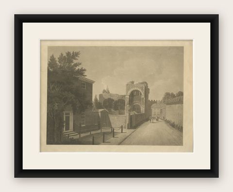 Rougemont Castle Exeter, Aquatint View, Jukes & Davey, 1794, shown framed