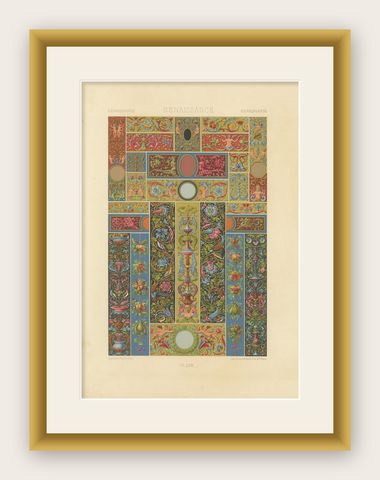 Renaissance Decorative Borders & Panels, Richly Colored Grotesques, 1869, shown framed