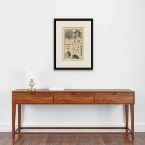 Antique Neoclassical Architecture Engraving by Montfaucon, 1721, shown framed on a wall, true to size