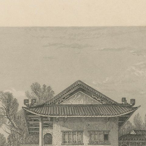 Antique China Consequa House Canton Print, Thomas Allom Steel Engraving 1843, close-up 4