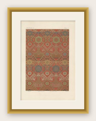 Antique Print of Silk and Gold Fabrics II 'Japan' by G. Audsley, 1882, shown framed
