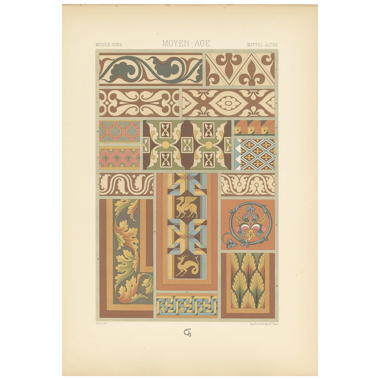 Pl. 49 Antique Print of Middle Ages Mural Motifs Buildings by Racinet circa 1890