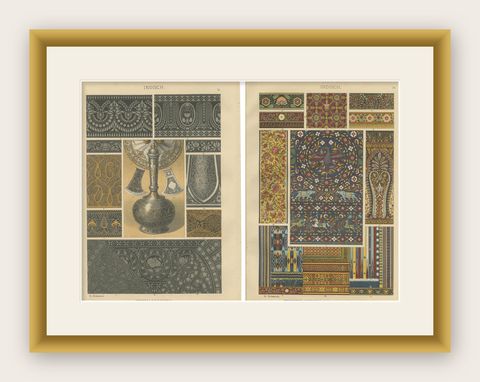Antique Indian Decorative Art Prints: Metalwork and Textile Motifs, 1887, shown framed