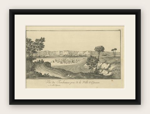 Tombs near Esna, Egypt, Nile Landscape by Norden, Copper Engraving 1755, shown framed