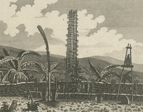 18th-Century Engraving of Hawaiian Morai and House Interior, c. 1780s, close-up 1