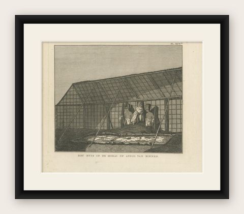Antique Print of a House in Atooi by Cook, 1803, shown framed