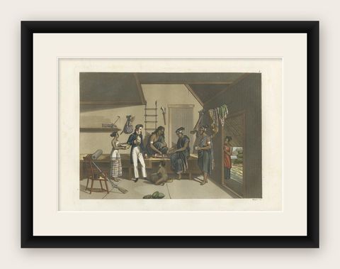 Antique Print of a House Interior in Kupang by Ferrario, '1831', shown framed