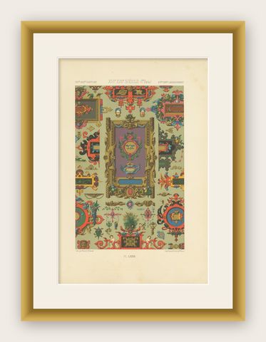 Pl. 72 Antique Print of XVIth and XVIIth Century Ornaments by Racinet (c.1890), shown framed