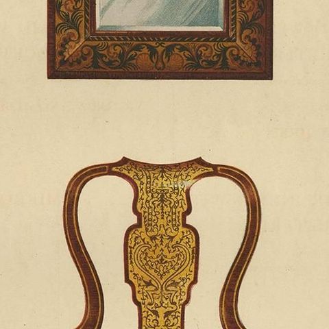 Antique Print of English Furniture 'Clocks, Mirror, Chair' by P. Macquoid, 1906, close-up 2