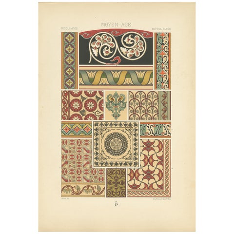 Pl. 46 Antique Print of Mosaic and Painted Ornament by Racinet, circa 1890