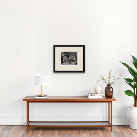 Antique Print of the Interior of the City Hall of Kampen by Lalanne, 1882, shown framed on a wall, true to size