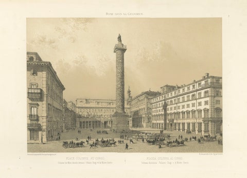 Piazza Colonna and Column of Marcus Aurelius, Rome, Benoist 1869 Lithograph, close-up 1