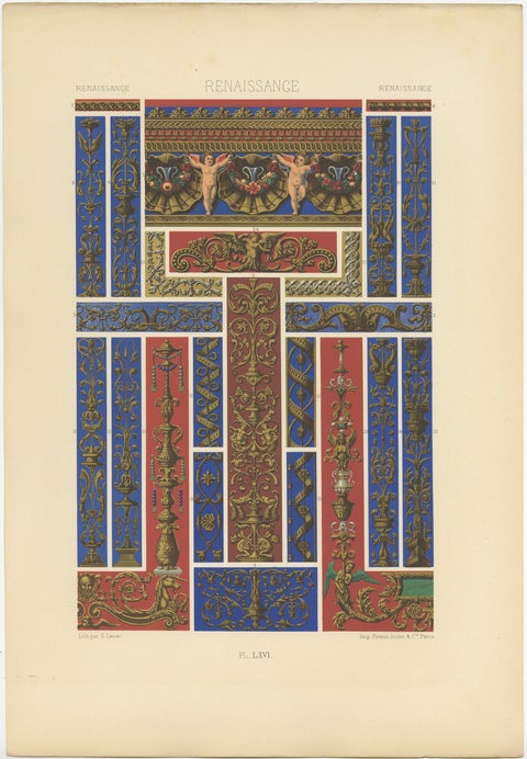 Pl. 66 Antique Print of Renaissance Ornaments by Racinet, circa 1890, view 4