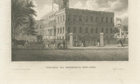 New York City Hall, Antique Architectural Engraving of Manhattan, c.1850, close-up 2