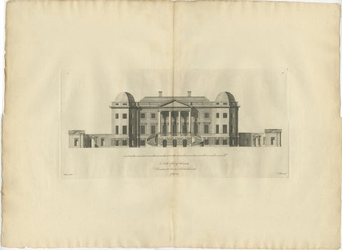 Old Engraving of Foremarke Hall, a Manor House in Derbyshire, England, ca.1770, view 2