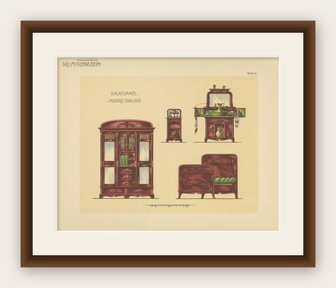 Pl. 50 Antique Print of Bedroom Furniture by Kramer 'circa 1910', shown framed