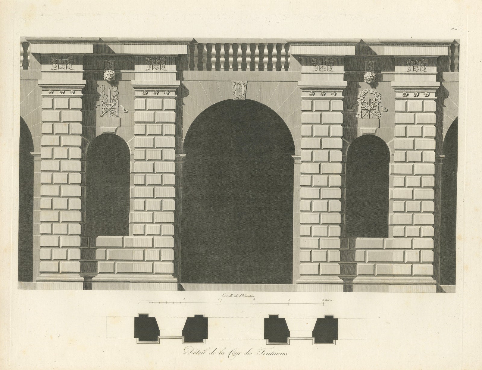 Cour des Fontaines, Architectural Copperplate Engraving by Baltard, 1803