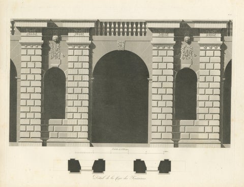 Cour des Fontaines, Architectural Copperplate Engraving by Baltard, 1803