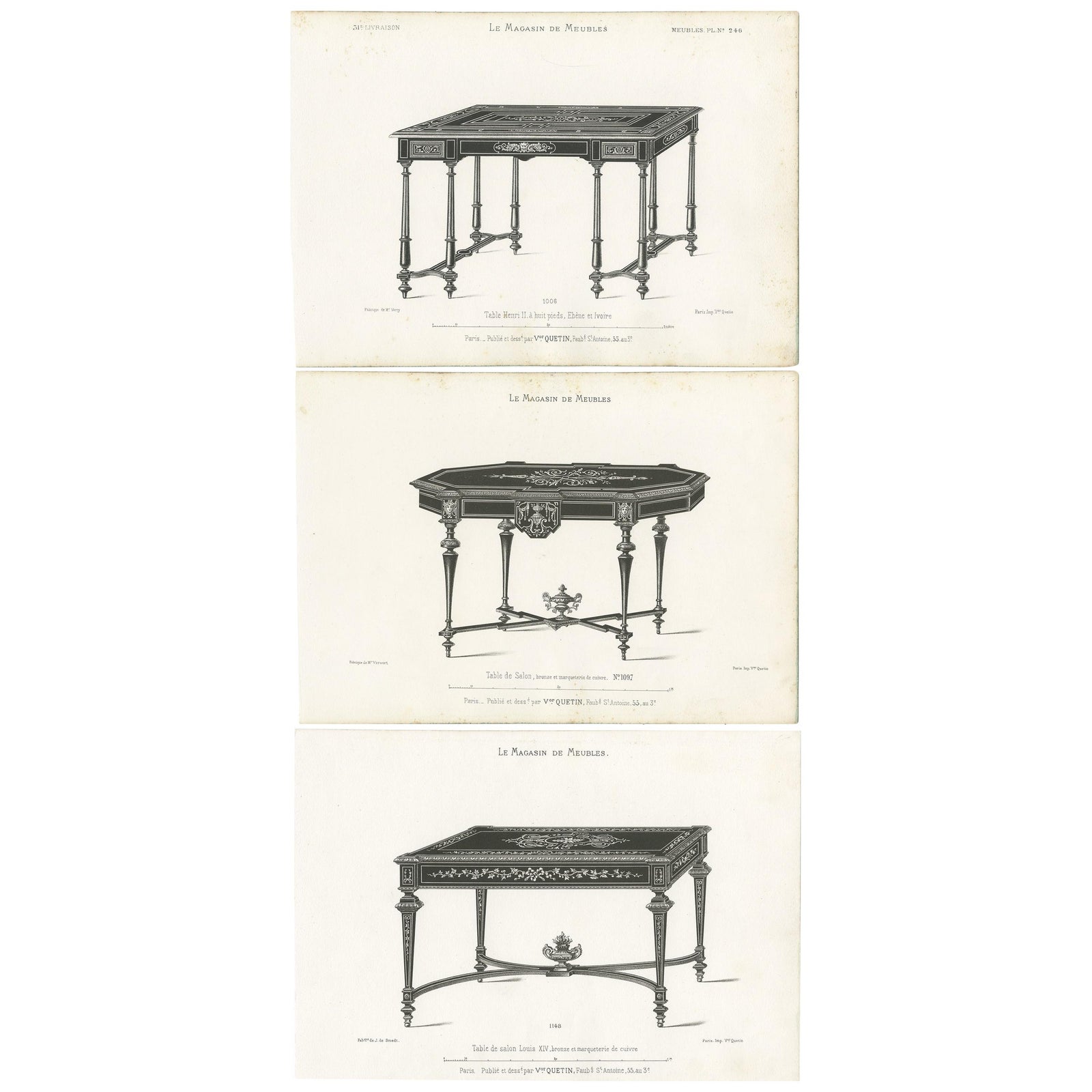 Set of 3 Antique Furniture Prints of Various Tables by Quetin, circa 1860