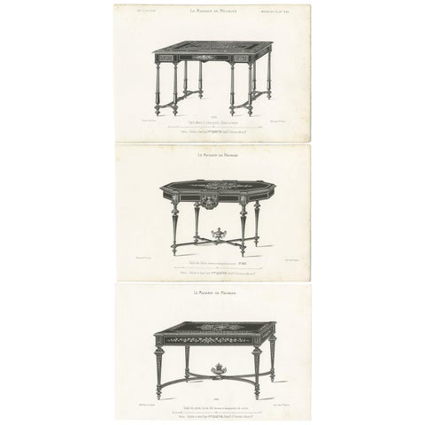 Set of 3 Antique Furniture Prints of Various Tables by Quetin, circa 1860