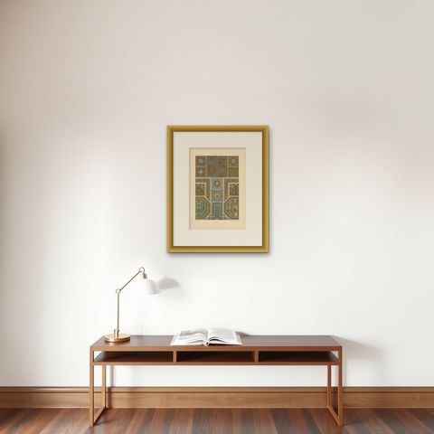 Pl. 60 Antique Print of Renaissance Ornaments by Racinet, circa 1890, shown framed on a wall, true to size