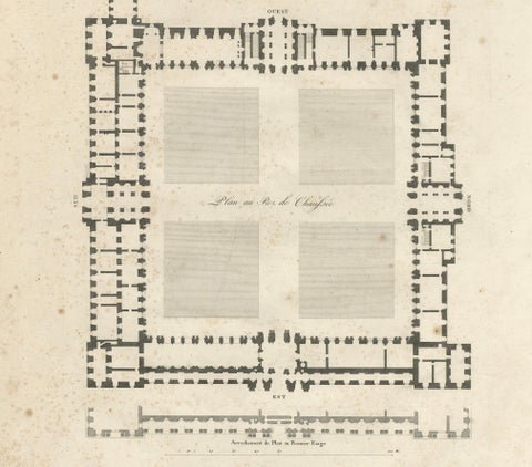 Plan, Elevation et Coupe du Louvre, Architectural Engraving by Baltard, c.1799, close-up 5