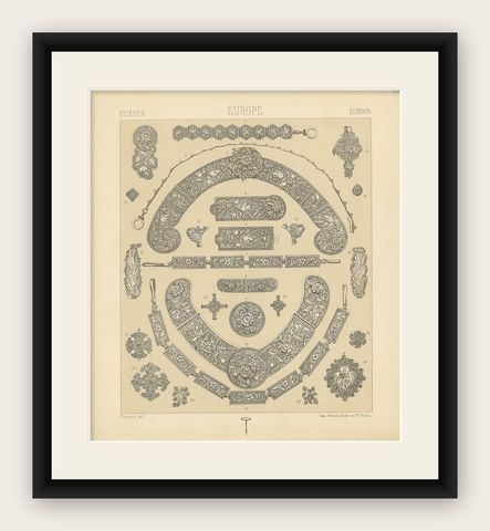 Pl 3 Antique Print of European Decorative Objects by Racinet, 'circa 1880', shown framed