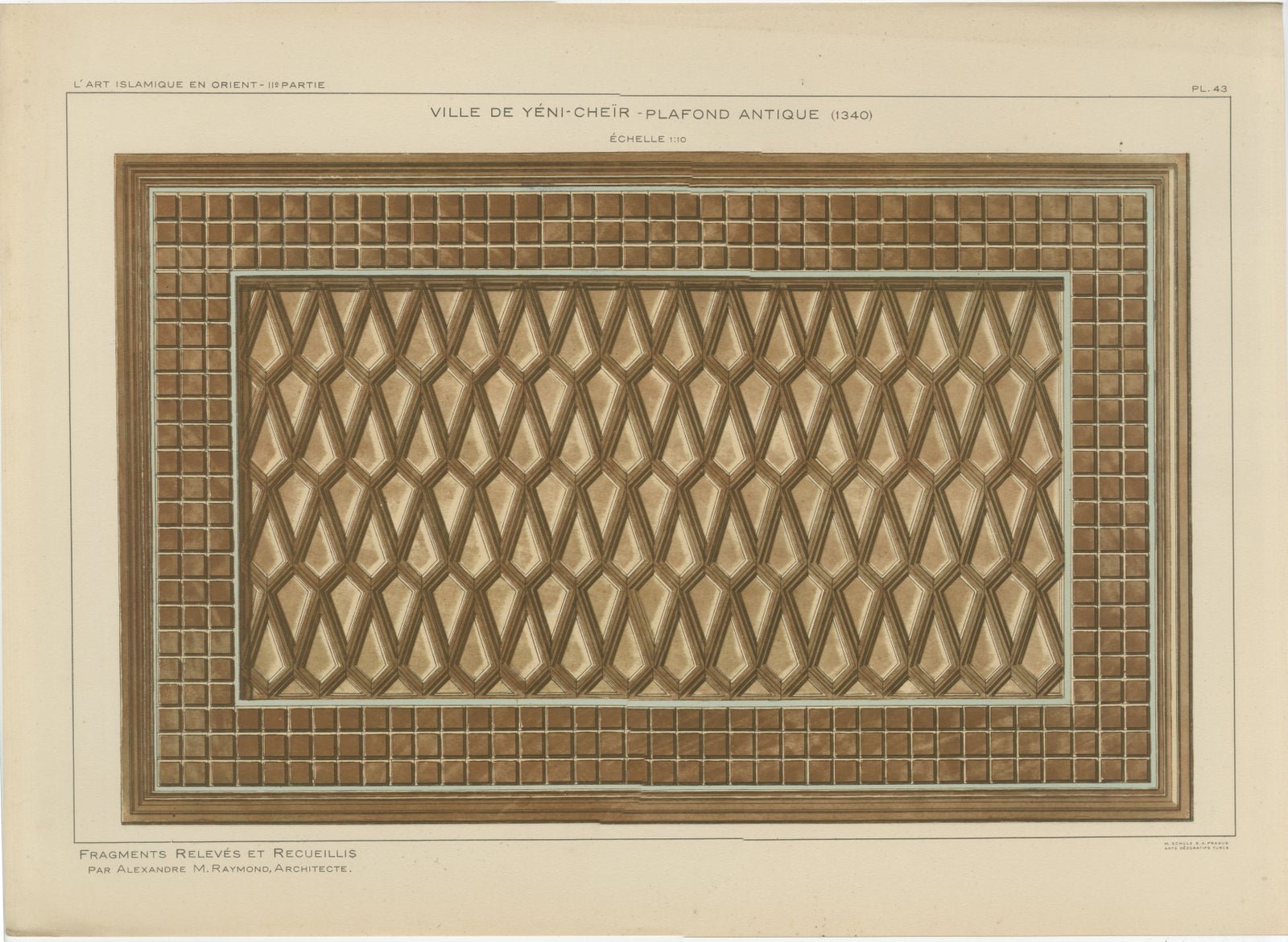 Antique Ottoman Wooden Ceiling Design Print, Yenişehir, Anatolia, Published 1924