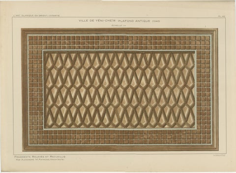 Antique Ottoman Wooden Ceiling Design Print, Yenişehir, Anatolia, Published 1924