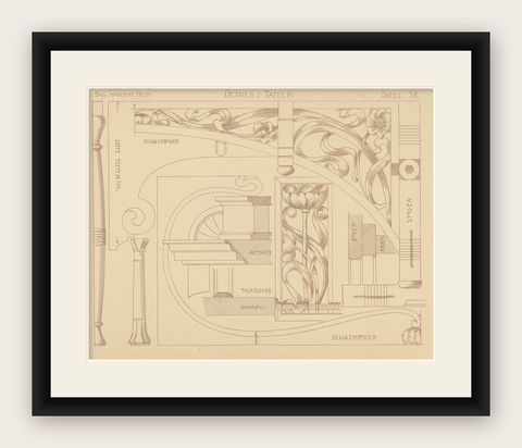 Pl. 38 Antique Print of Furniture Details by Kramer 'circa 1910', shown framed